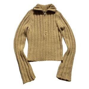 Y2K Ribbed Tan Quarter-Zip Long Sleeve Wool Blend Sz Medium Abercrombie Cropped